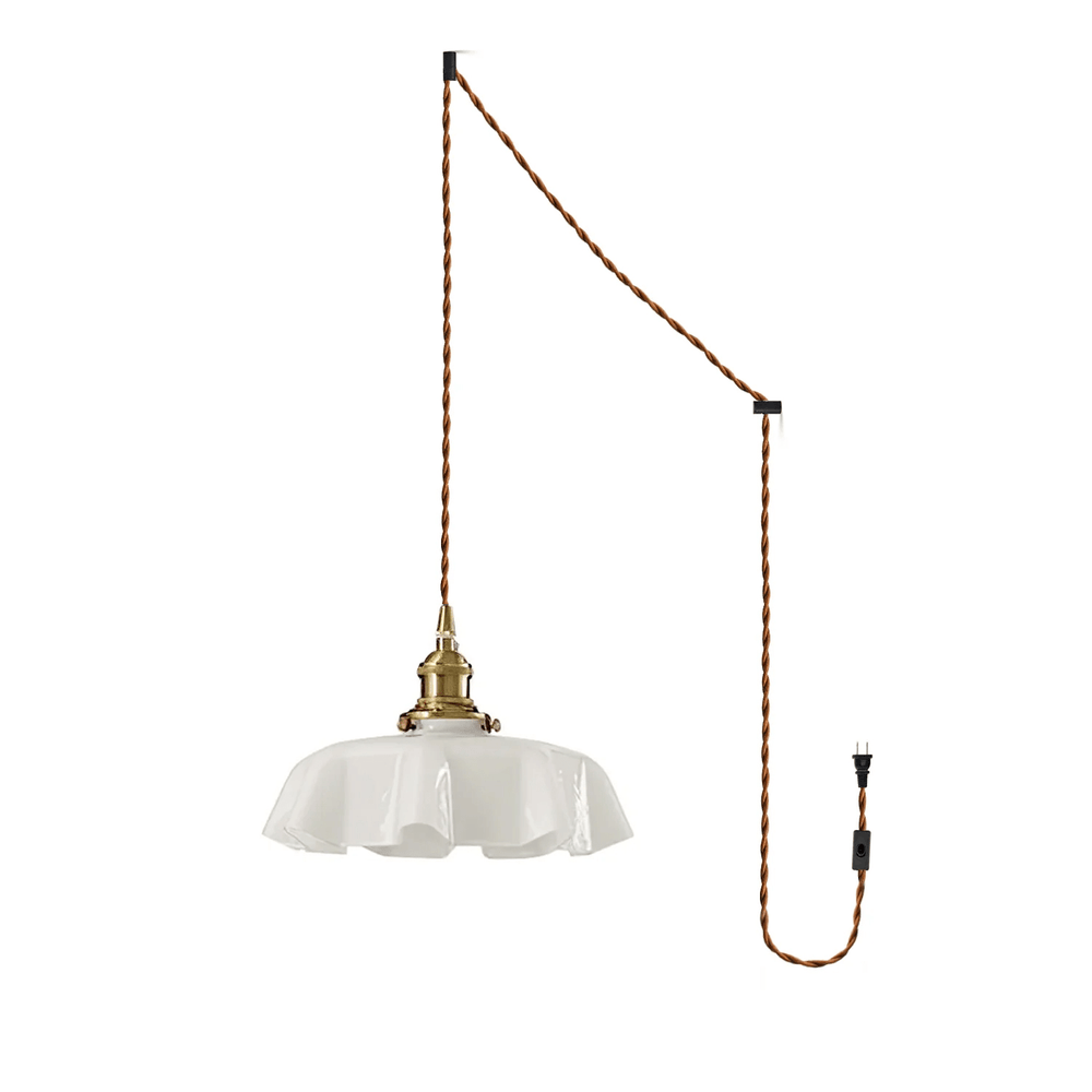 French Fleur Swag Pendant Light – Pleated Glass, Plug-In Antique Brass