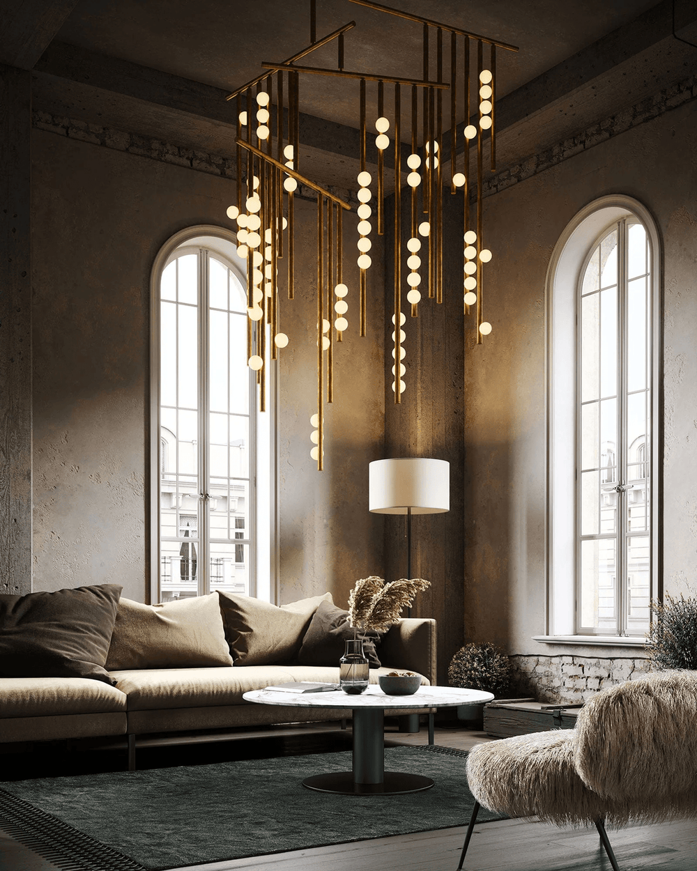 Orbit Brass Glass Drop Chandelier – Hand-Blown Multi-Head