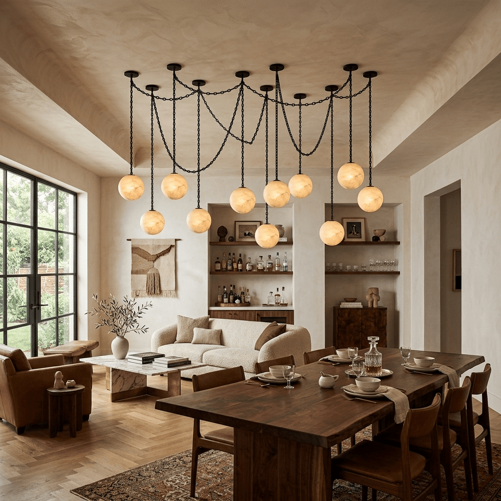 Industrial Alabaster Orb Chain Chandelier