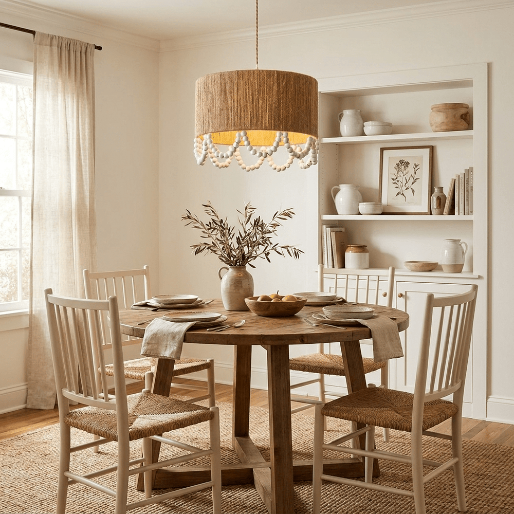 Jute Wood Bead Drum Pendant Lamp