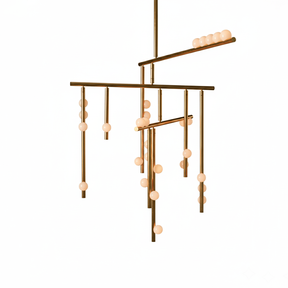 Orbit Brass Glass Drop Chandelier – Hand-Blown Multi-Head