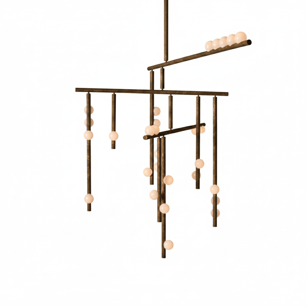 Orbit Brass Glass Drop Chandelier – Hand-Blown Multi-Head