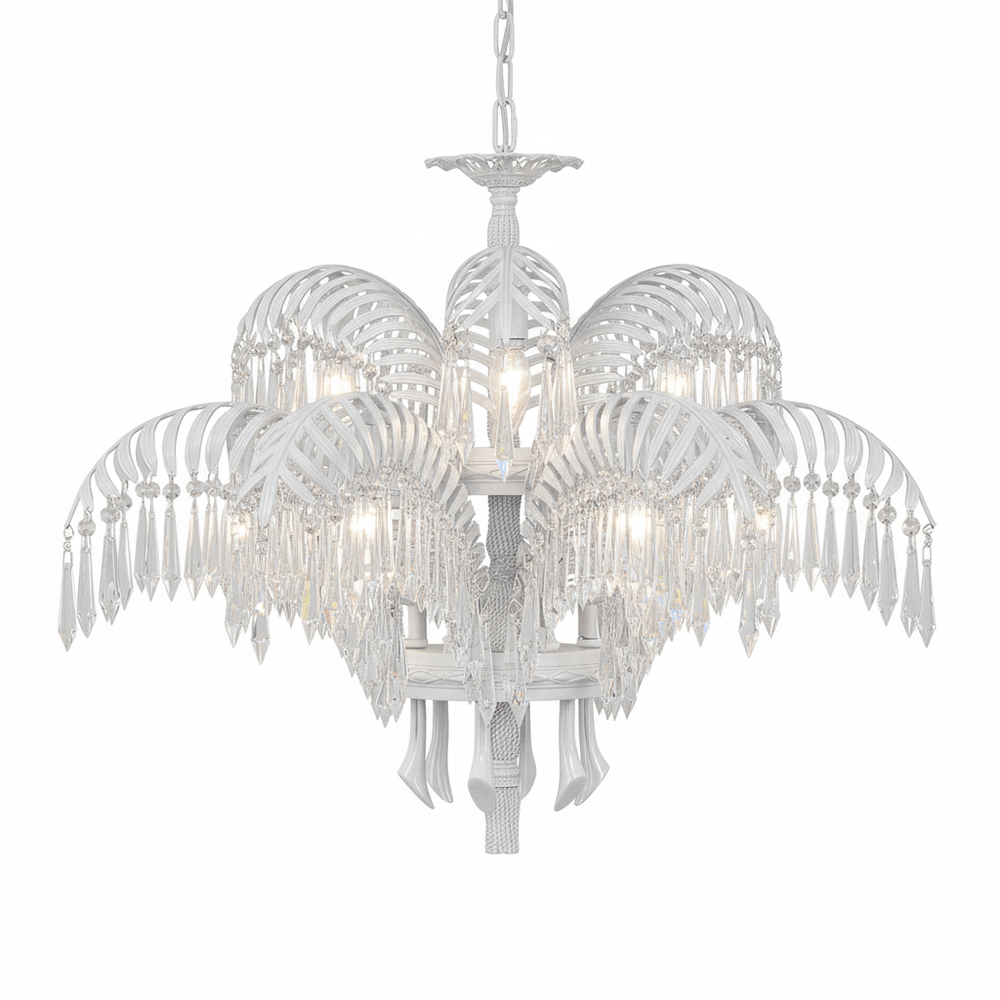 Brass Palm Leaf Crystal Chandelier