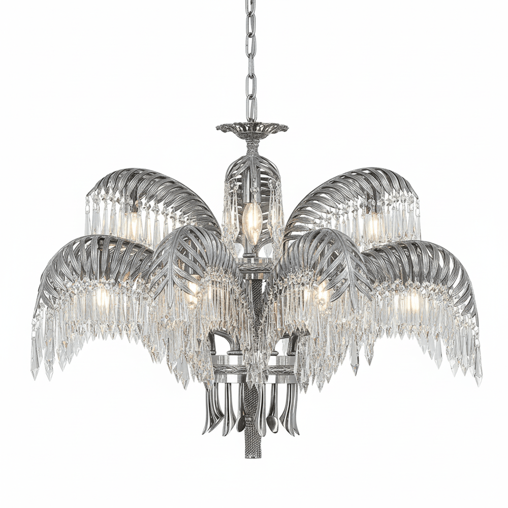 Brass Palm Leaf Crystal Chandelier