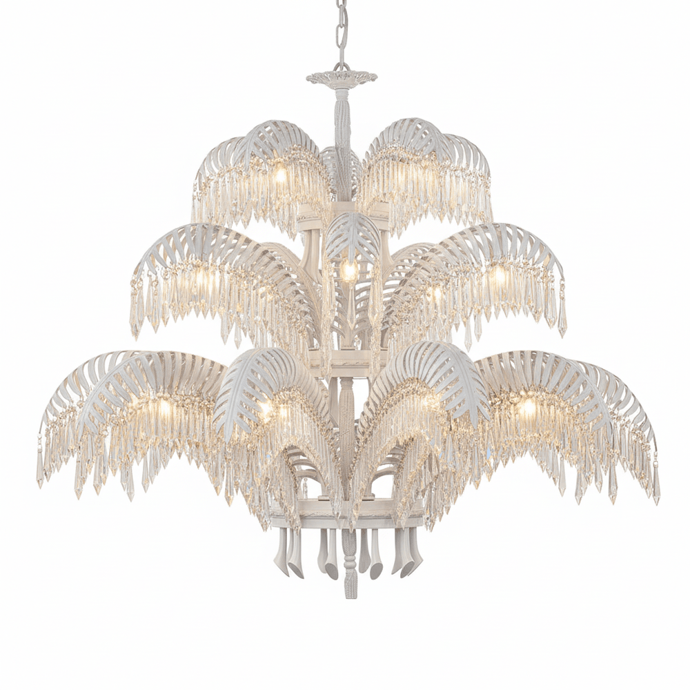 Brass Palm Leaf Crystal Chandelier