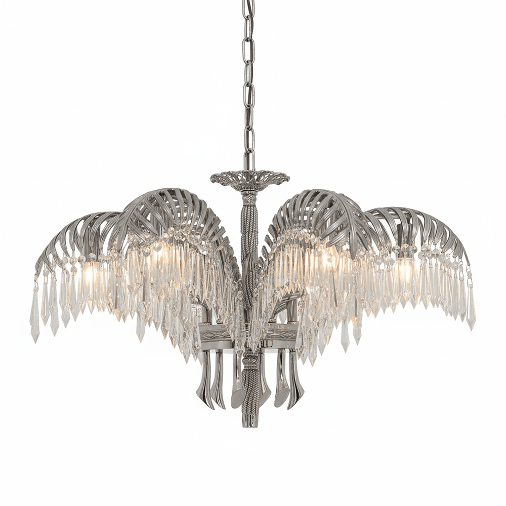 Brass Palm Leaf Crystal Chandelier