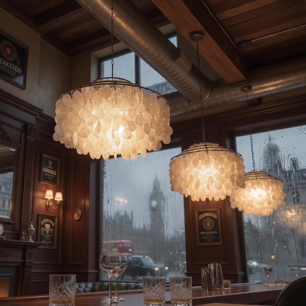 Verona Cascade Seashell Chandelier – Danish Mid-Century Pearlescent Pendant Ceiling Lamp