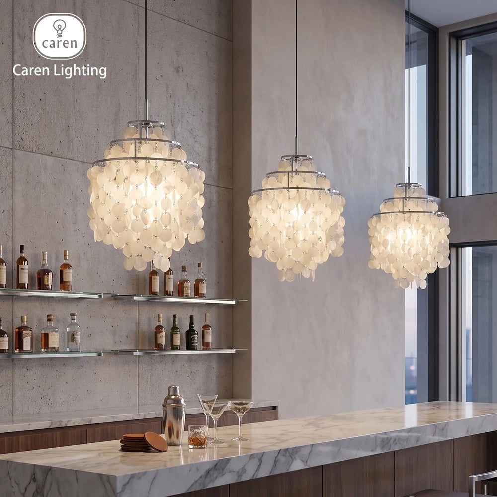 Verona Cascade Seashell Chandelier – Danish Mid-Century Pearlescent Pendant Ceiling Lamp