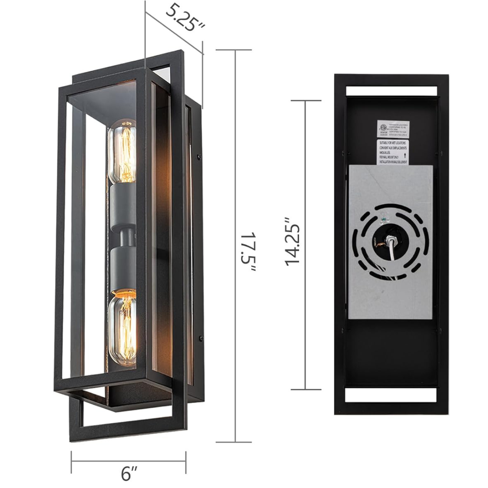 Aurelux Modern Black Outdoor Wall Lantern (Glass Exterior Sconce)