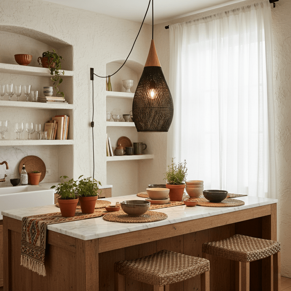 Braided Rattan Swag Pendant Lamp