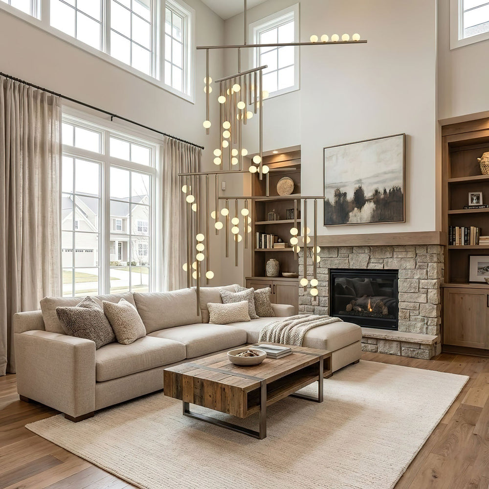 Orbit Brass Glass Drop Chandelier – Hand-Blown Multi-Head