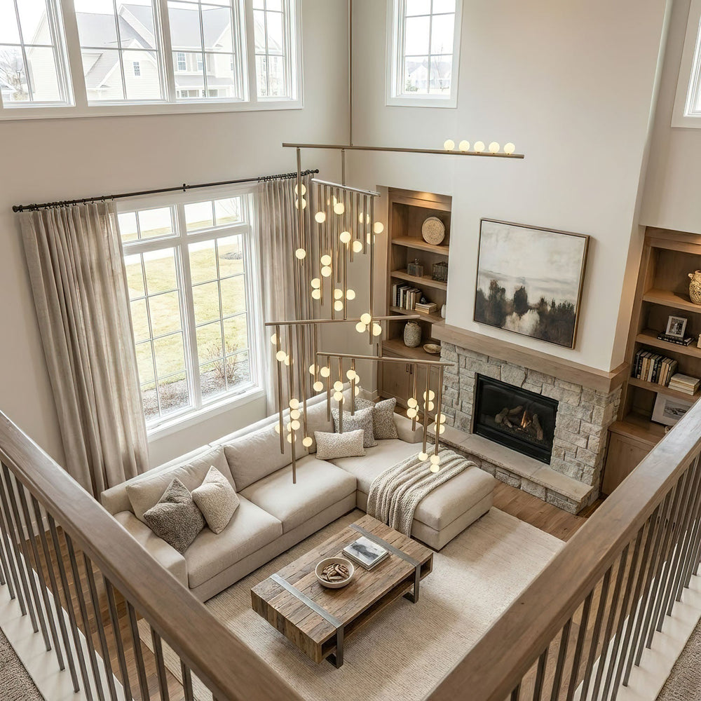 Orbit Brass Glass Drop Chandelier – Hand-Blown Multi-Head