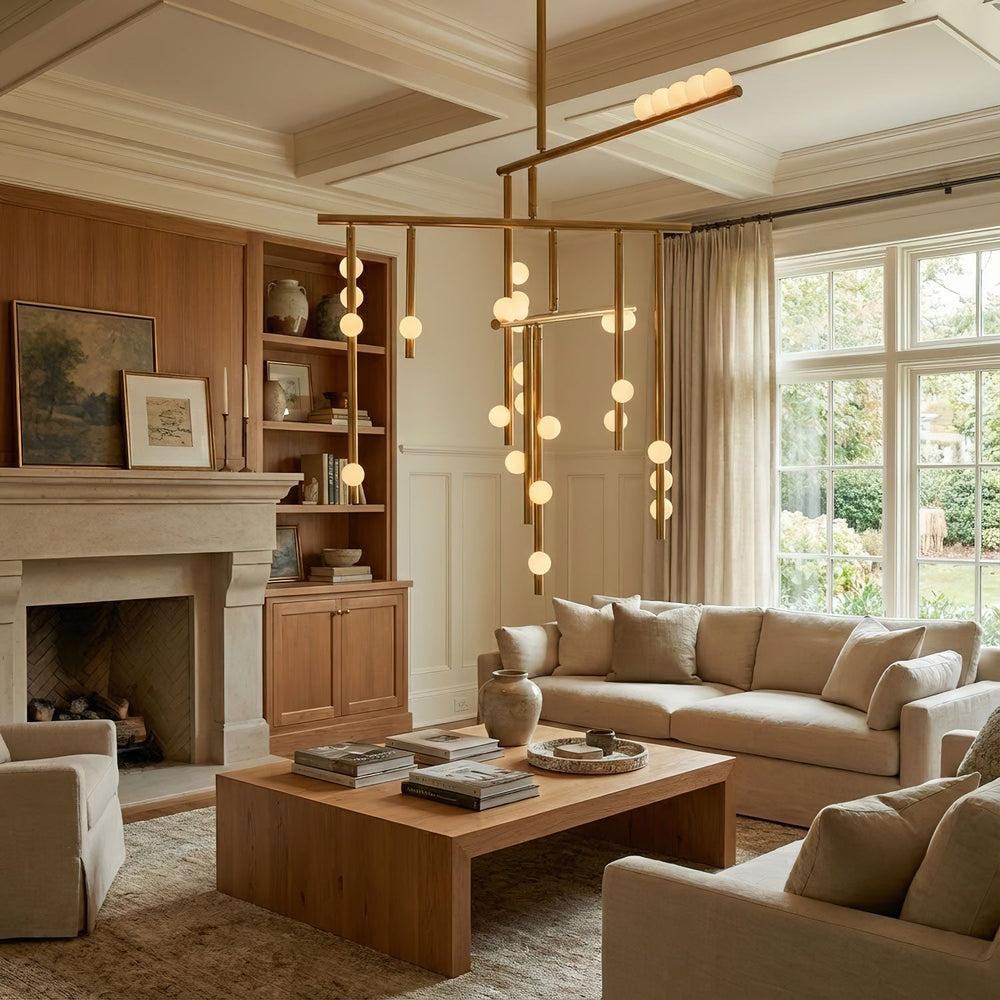 Orbit Brass Glass Drop Chandelier – Hand-Blown Multi-Head