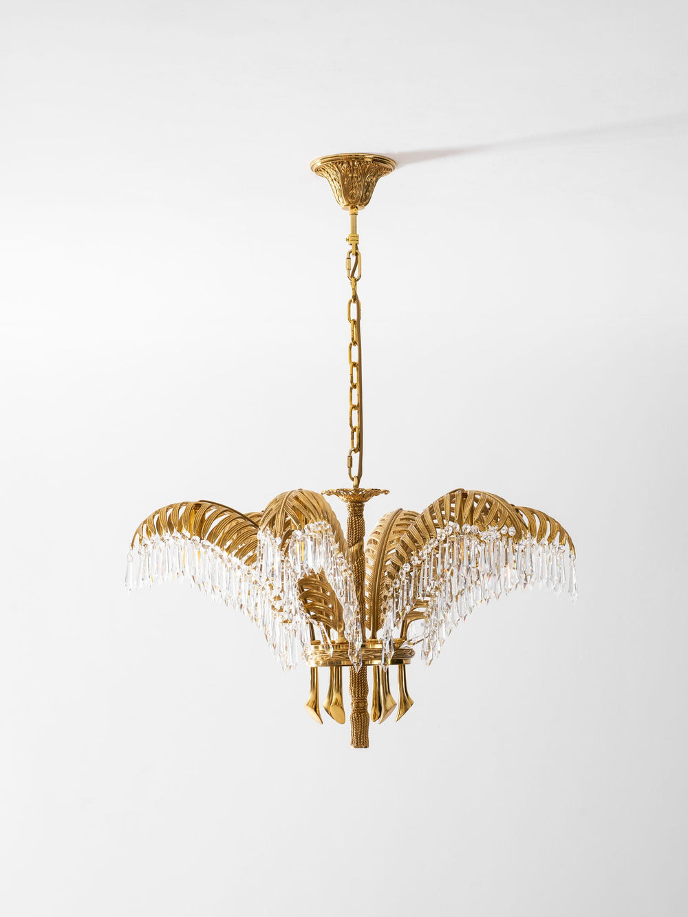 Brass Palm Leaf Crystal Chandelier