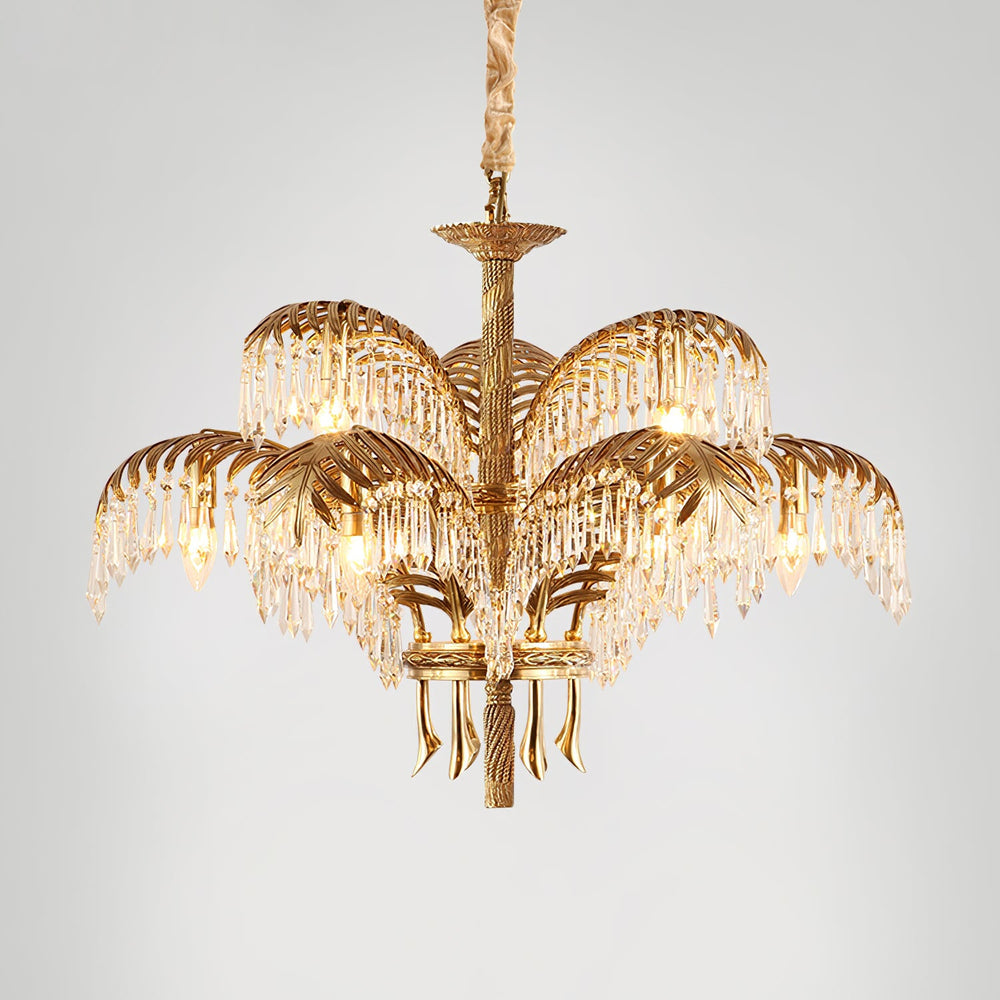 Brass Palm Leaf Crystal Chandelier