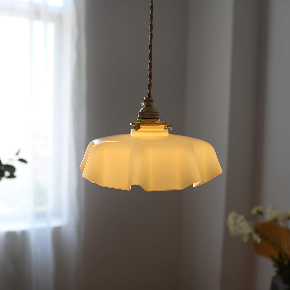 French Fleur Swag Pendant Light – Pleated Glass, Plug-In Antique Brass