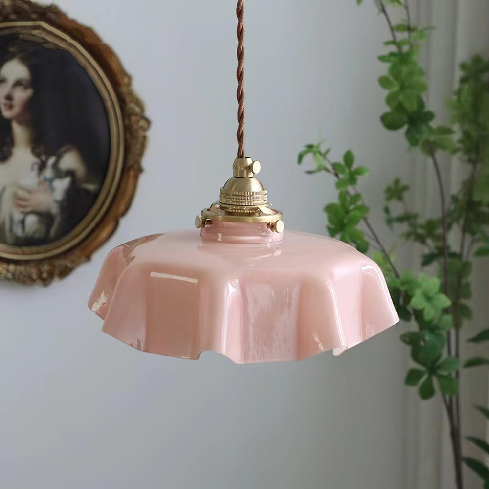 French Fleur Swag Pendant Light – Pleated Glass, Plug-In Antique Brass