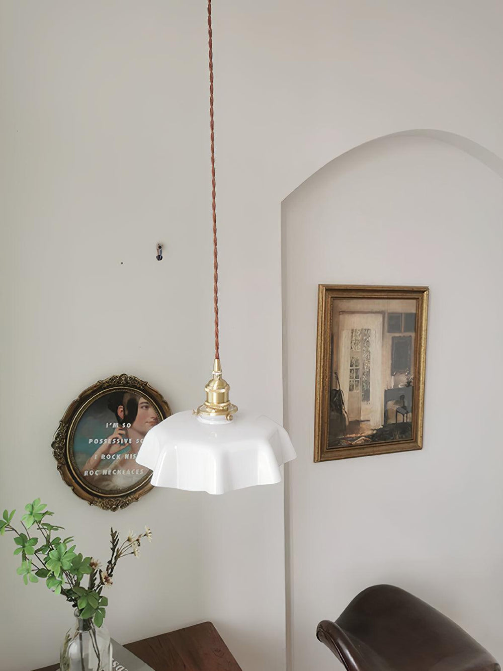 French Fleur Swag Pendant Light – Pleated Glass, Plug-In Antique Brass