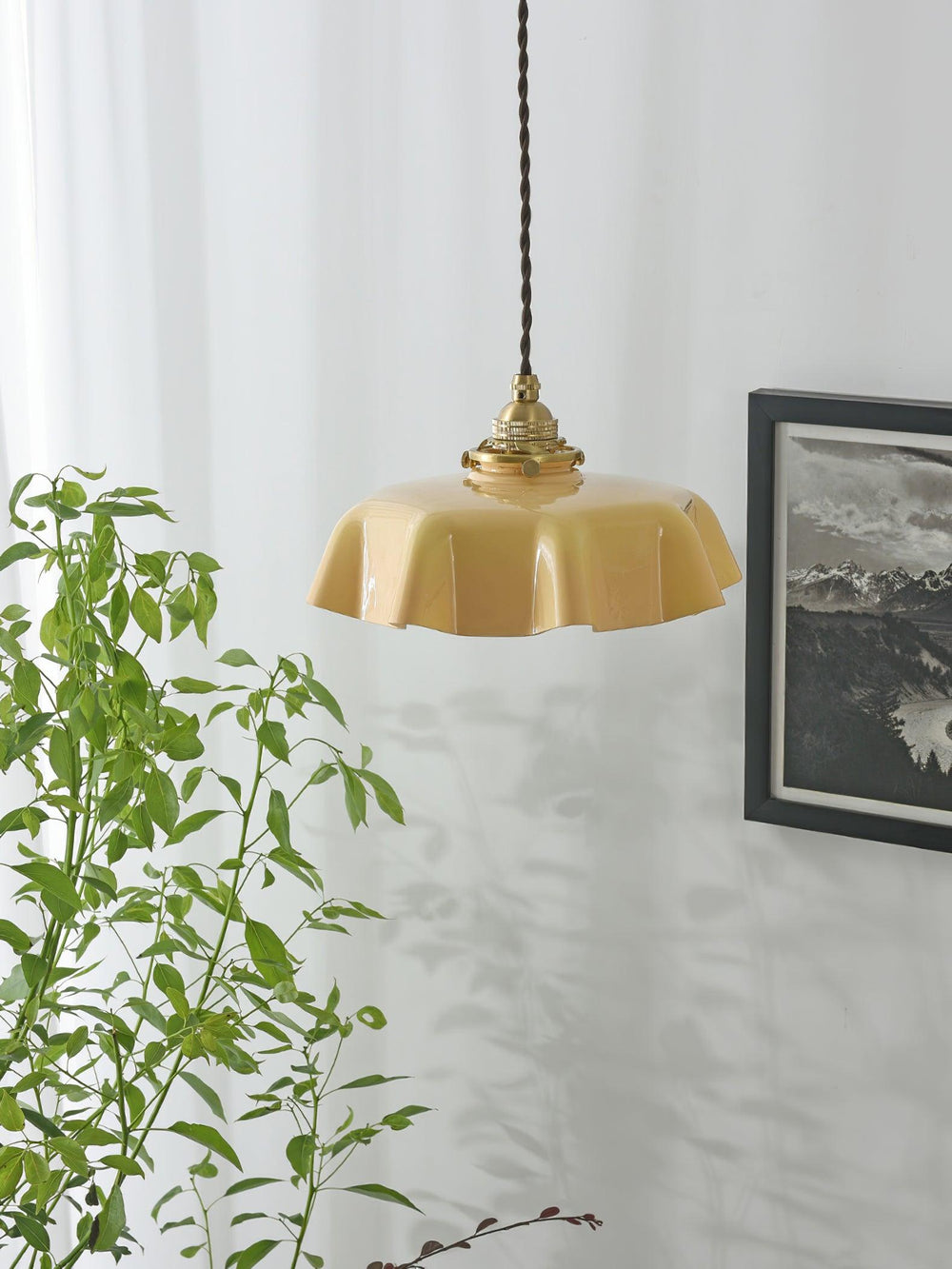 French Fleur Swag Pendant Light – Pleated Glass, Plug-In Antique Brass