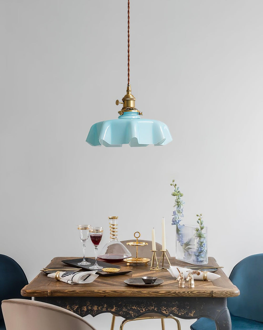 French Fleur Swag Pendant Light – Pleated Glass, Plug-In Antique Brass