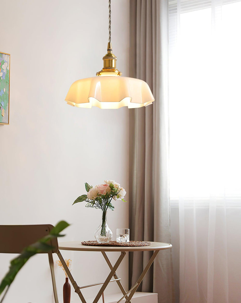 French Fleur Swag Pendant Light – Pleated Glass, Plug-In Antique Brass