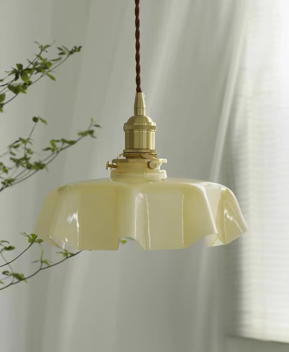 French Fleur Swag Pendant Light – Pleated Glass, Plug-In Antique Brass