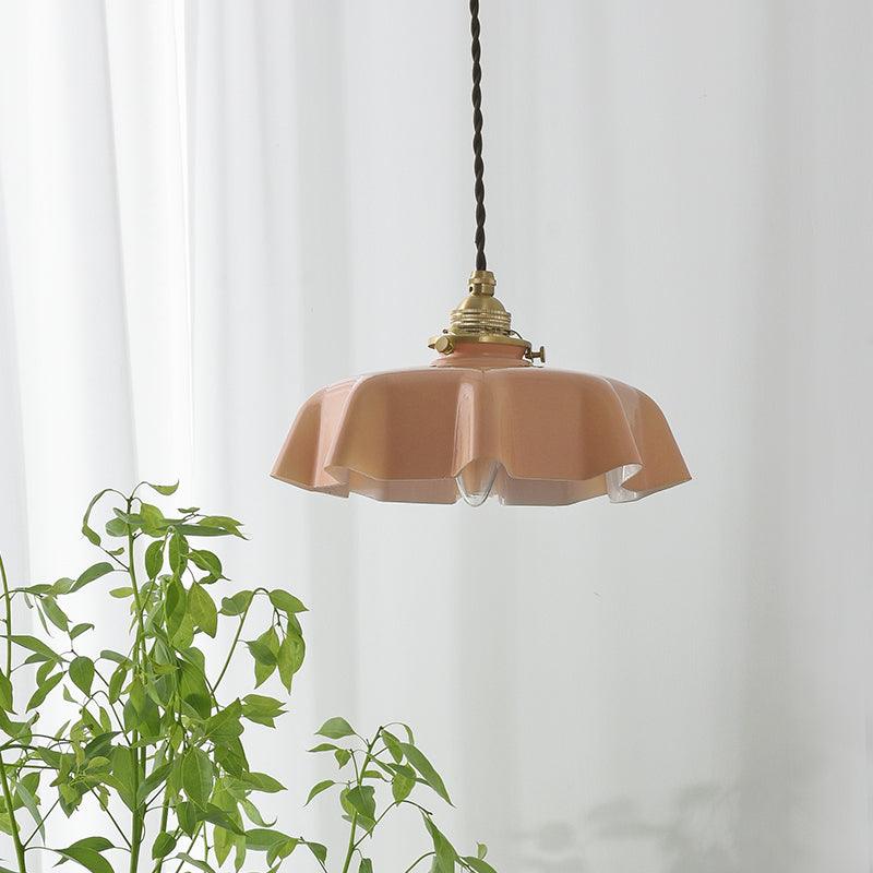 French Fleur Swag Pendant Light – Pleated Glass, Plug-In Antique Brass