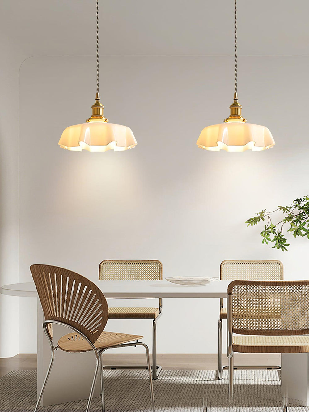 French Fleur Swag Pendant Light – Pleated Glass, Plug-In Antique Brass