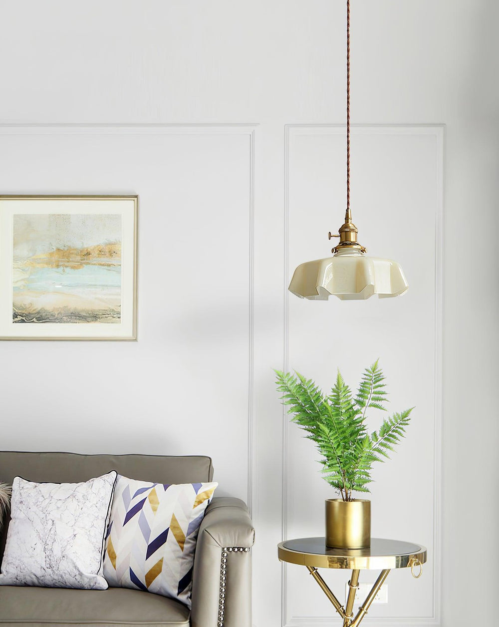 French Fleur Swag Pendant Light – Pleated Glass, Plug-In Antique Brass