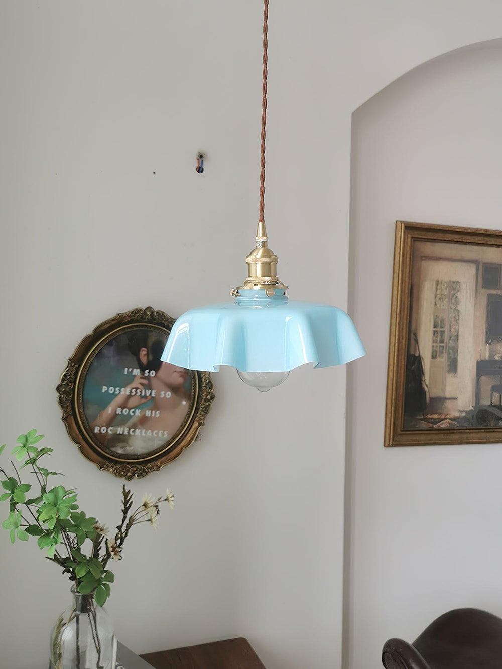 French Fleur Swag Pendant Light – Pleated Glass, Plug-In Antique Brass