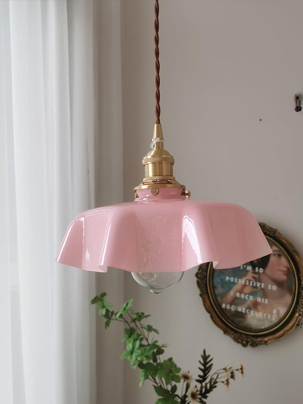 French Fleur Swag Pendant Light – Pleated Glass, Plug-In Antique Brass
