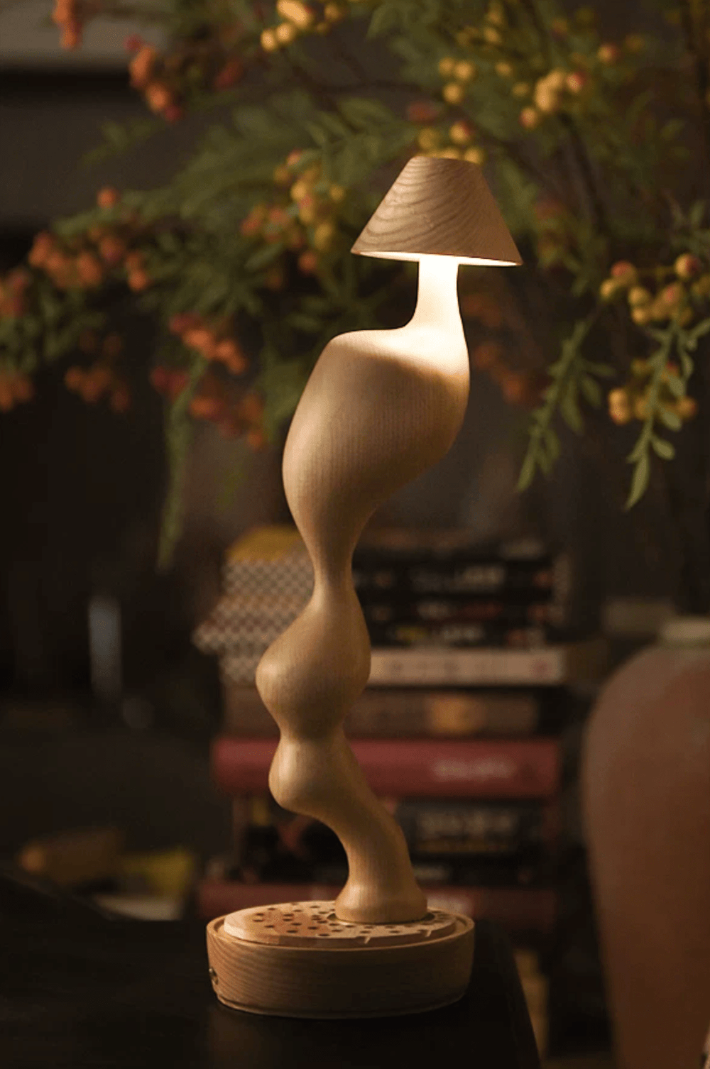 Carved Wood Cordless Table Lamp