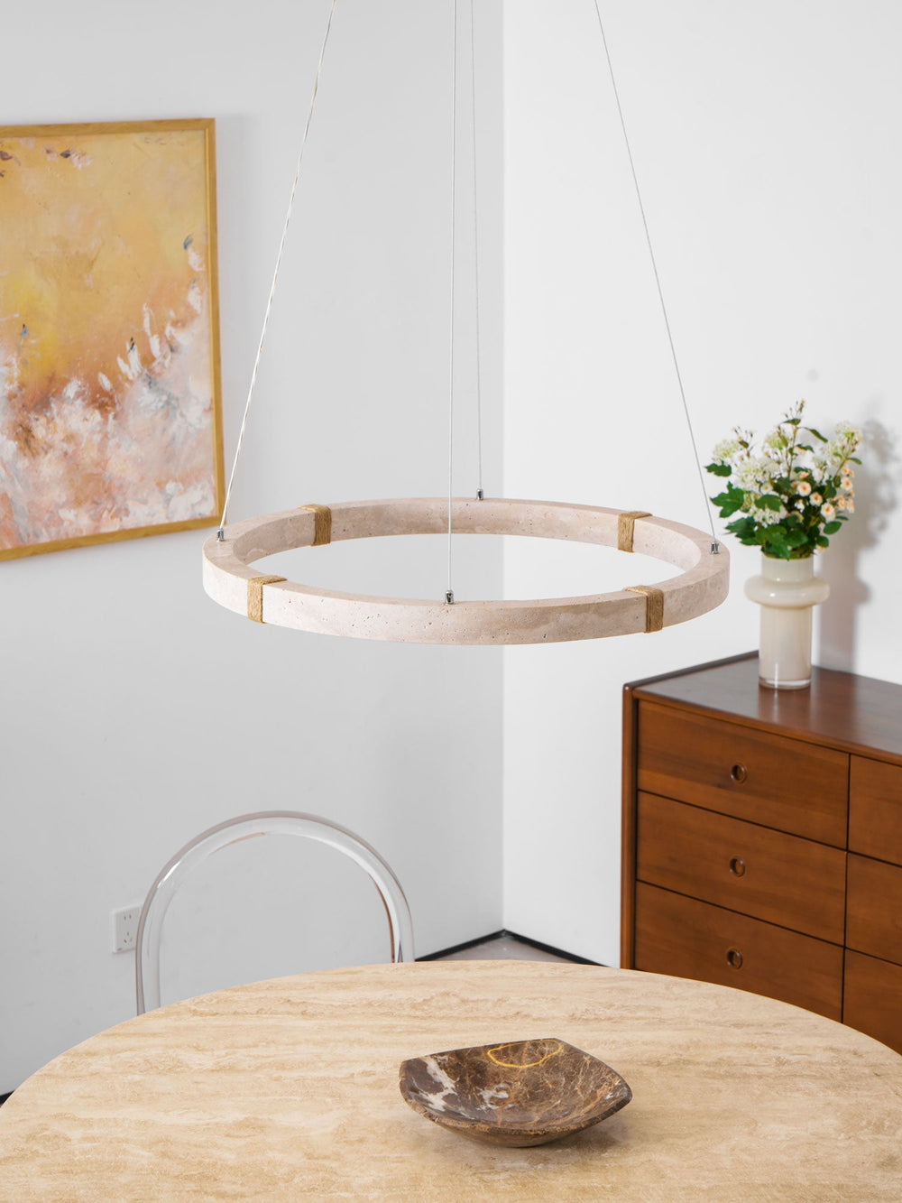 Circle Travertine Pendant Lamp – Minimalist Stone Disc