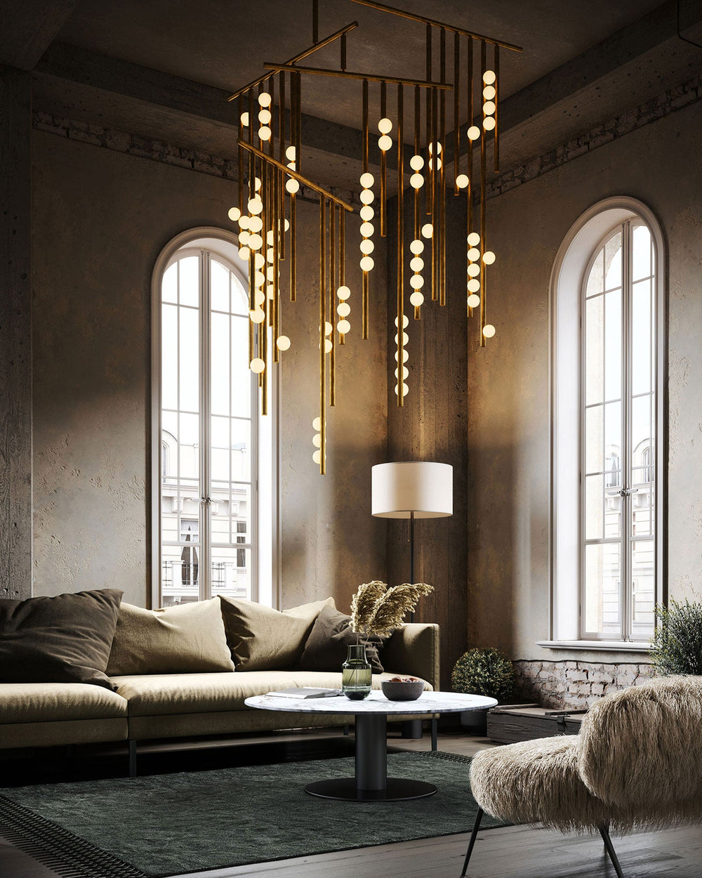 Orbit Brass Glass Drop Chandelier – Hand-Blown Multi-Head