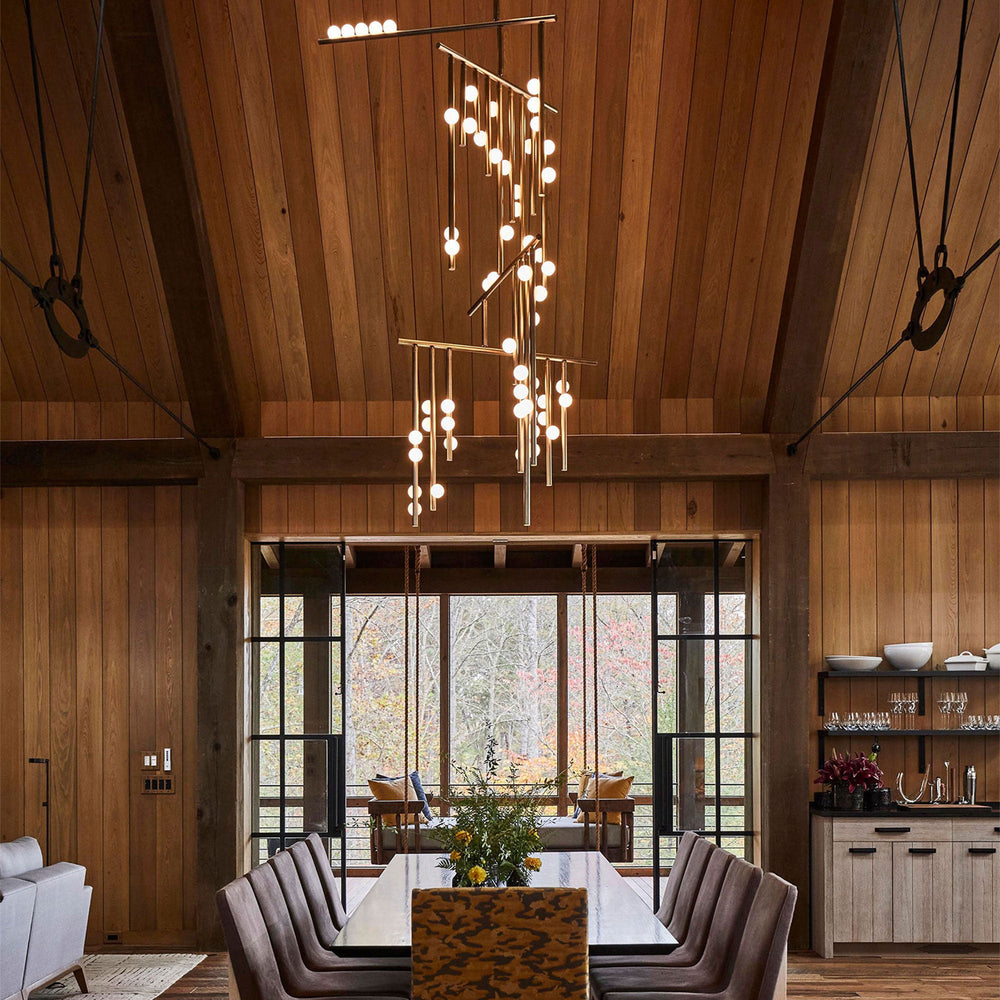 Orbit Brass Glass Drop Chandelier – Hand-Blown Multi-Head