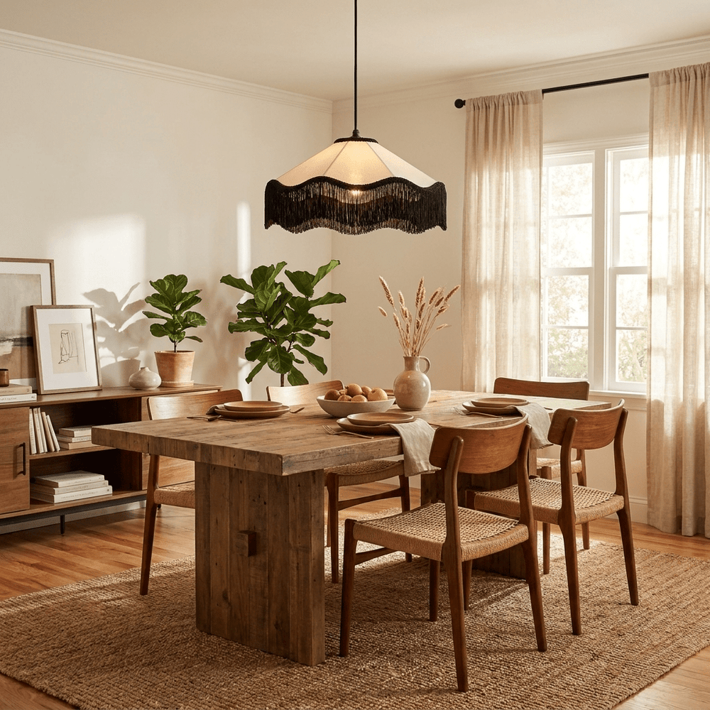 Fabric Cone Black Fringe Pendant Lamp