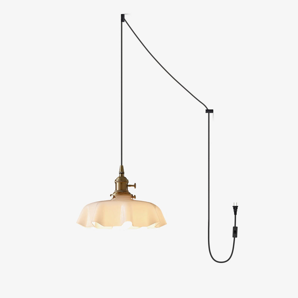 French Fleur Swag Pendant Light – Pleated Glass, Plug-In Antique Brass