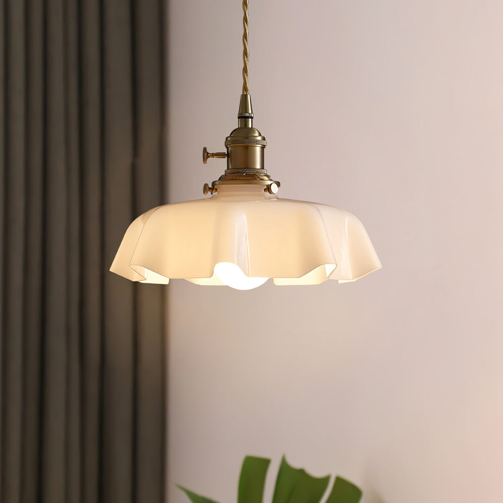 French Fleur Swag Pendant Light – Pleated Glass, Plug-In Antique Brass