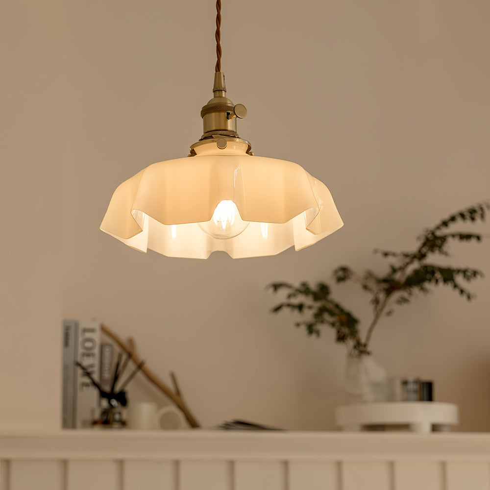 French Fleur Swag Pendant Light – Pleated Glass, Plug-In Antique Brass