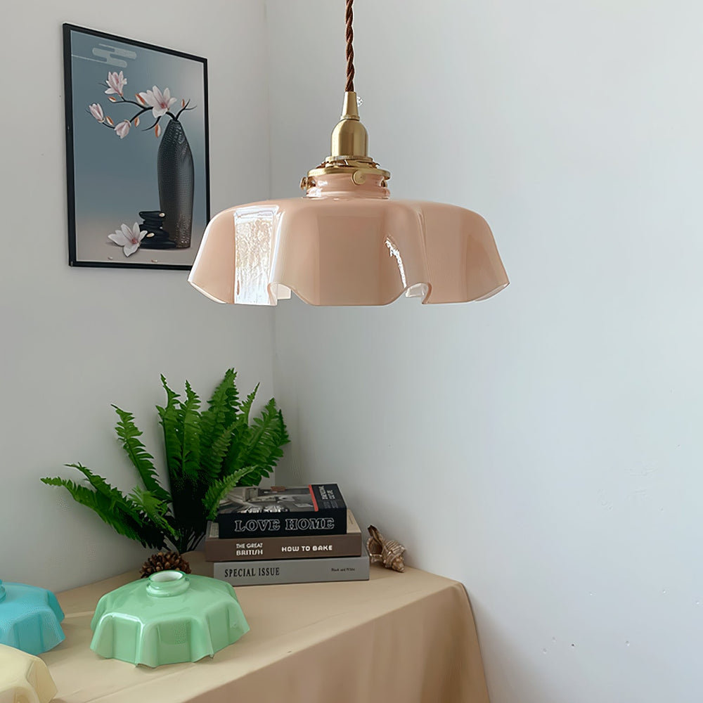 French Fleur Swag Pendant Light – Pleated Glass, Plug-In Antique Brass