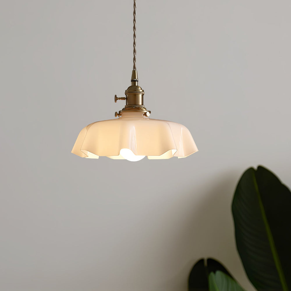 French Fleur Swag Pendant Light – Pleated Glass, Plug-In Antique Brass