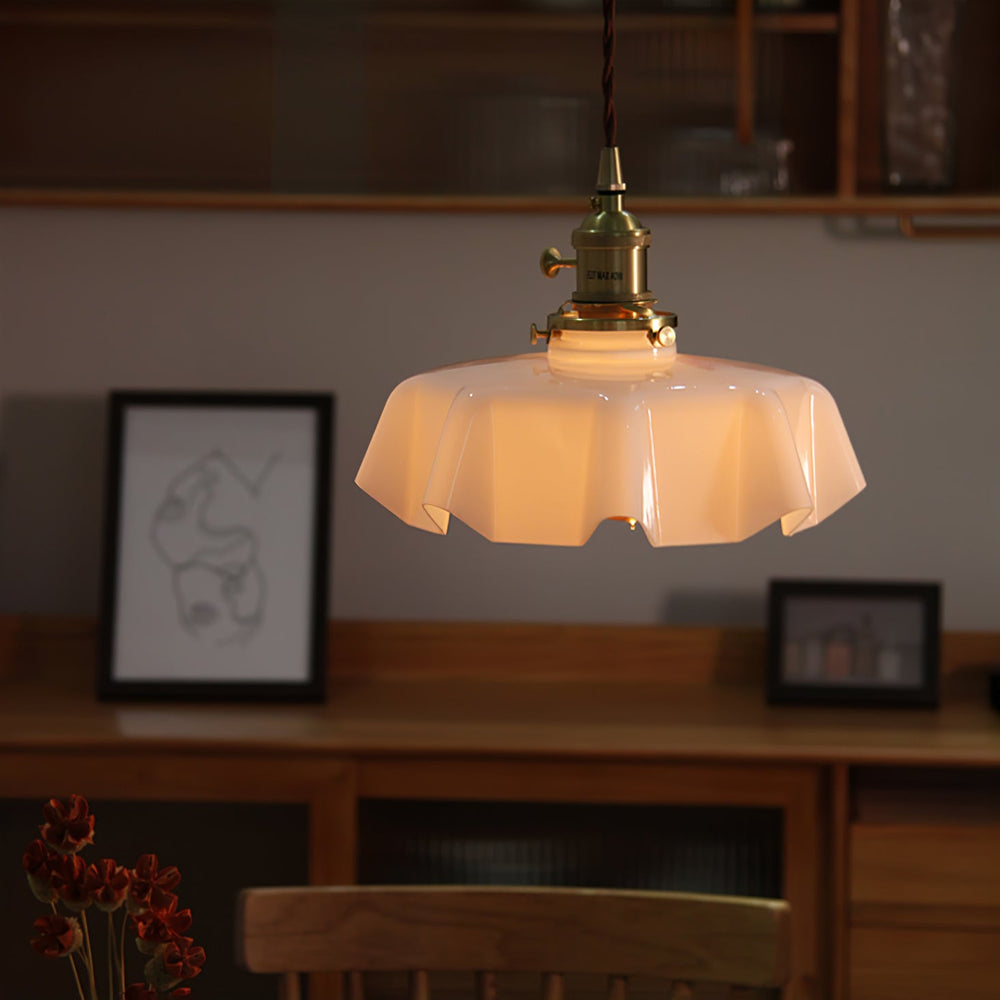 French Fleur Swag Pendant Light – Pleated Glass, Plug-In Antique Brass