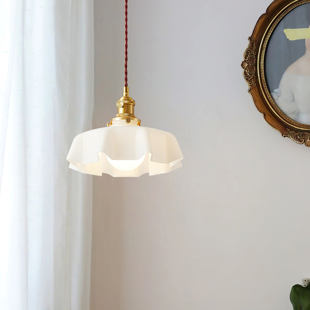 French Fleur Swag Pendant Light – Pleated Glass, Plug-In Antique Brass