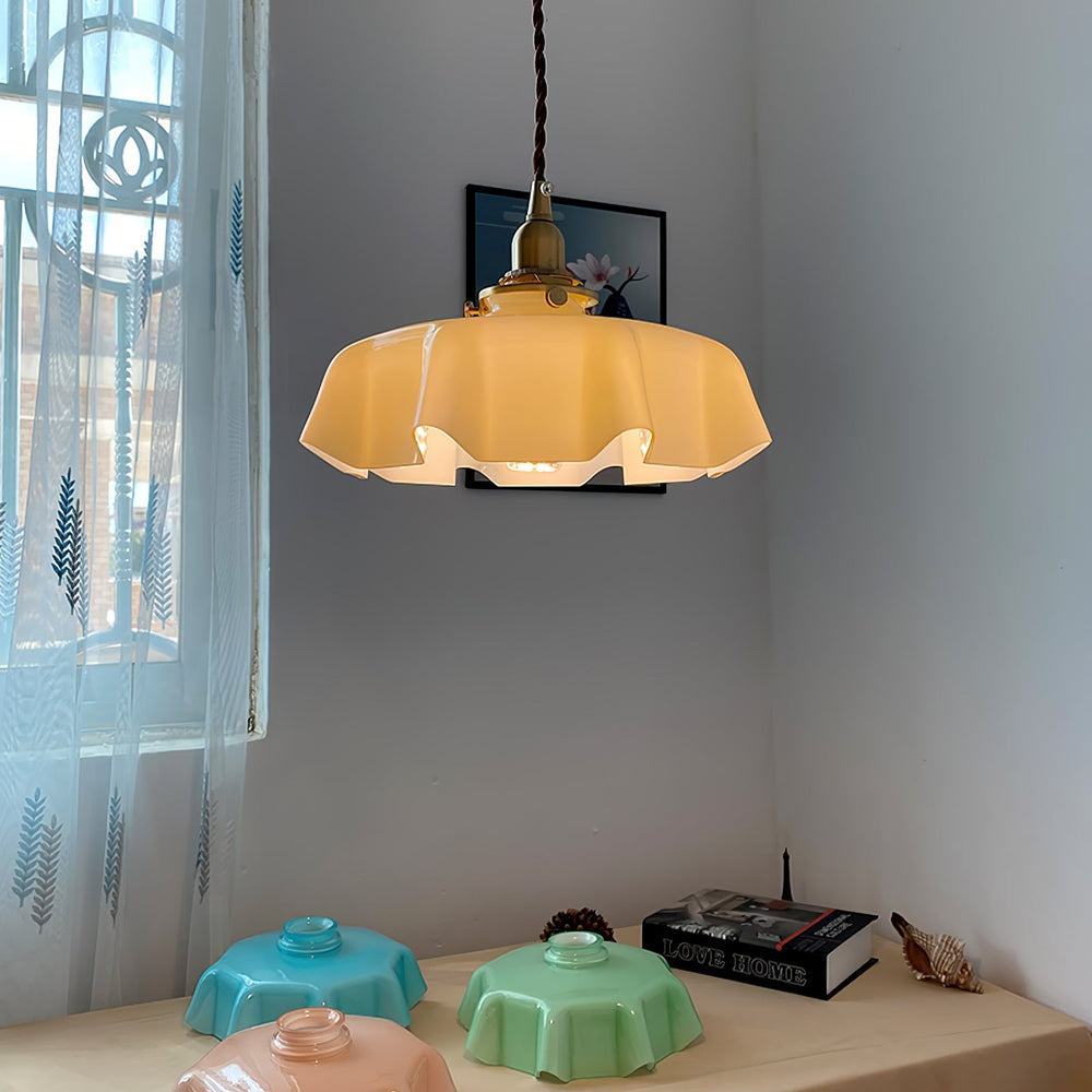 French Fleur Swag Pendant Light – Pleated Glass, Plug-In Antique Brass