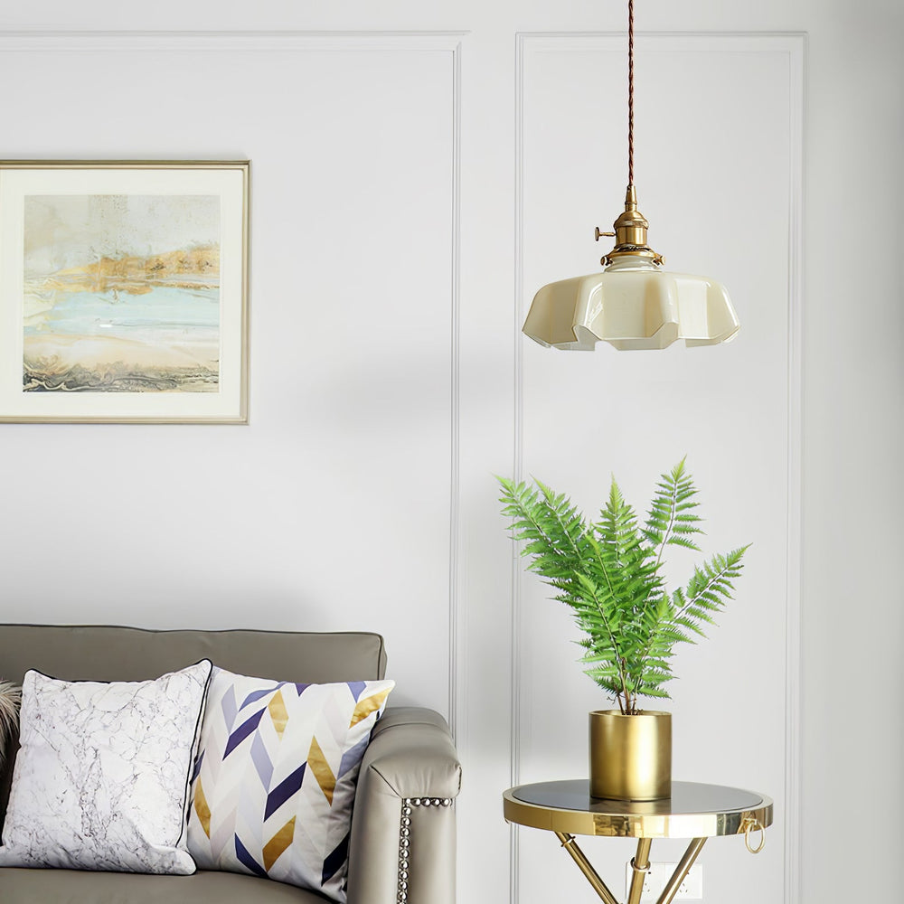 French Fleur Swag Pendant Light – Pleated Glass, Plug-In Antique Brass