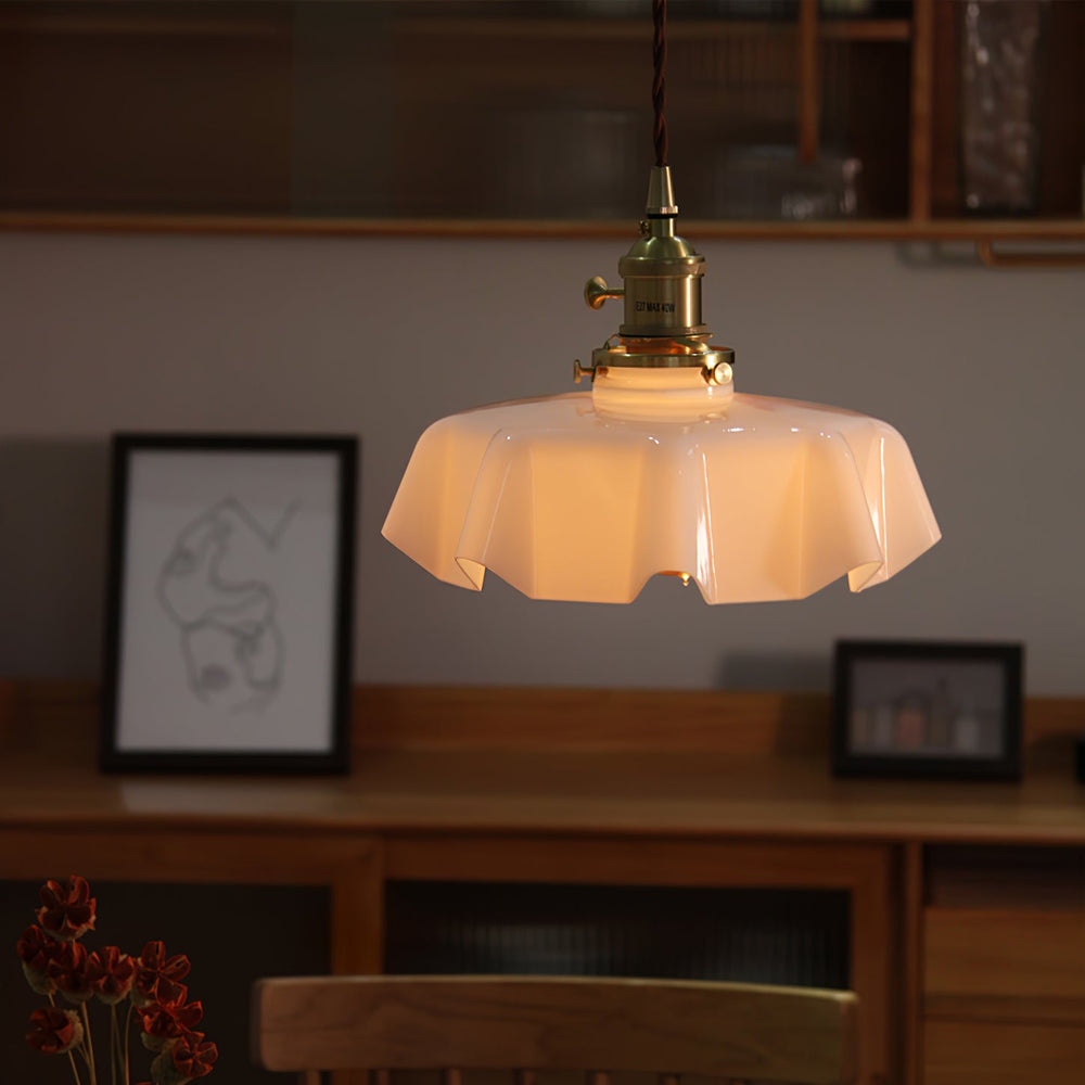 French Fleur Swag Pendant Light – Pleated Glass, Plug-In Antique Brass