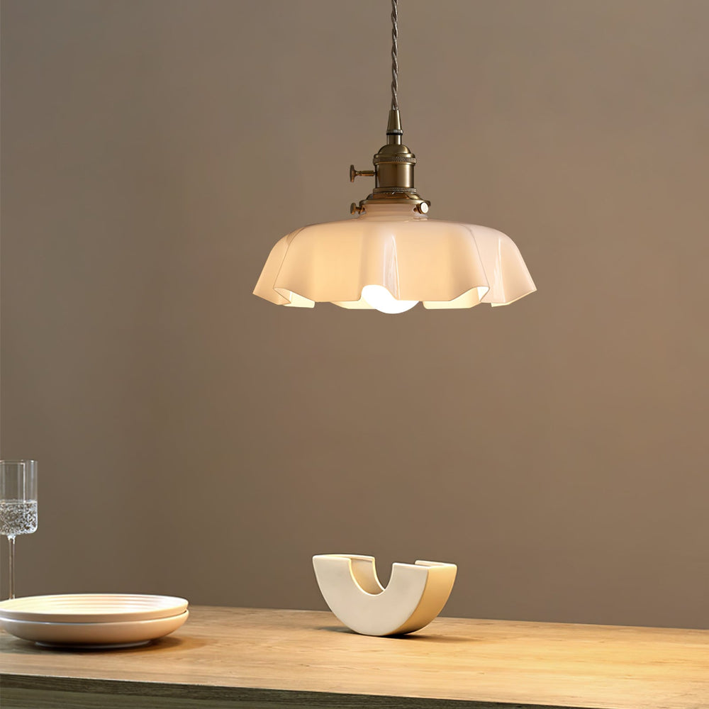 French Fleur Swag Pendant Light – Pleated Glass, Plug-In Antique Brass