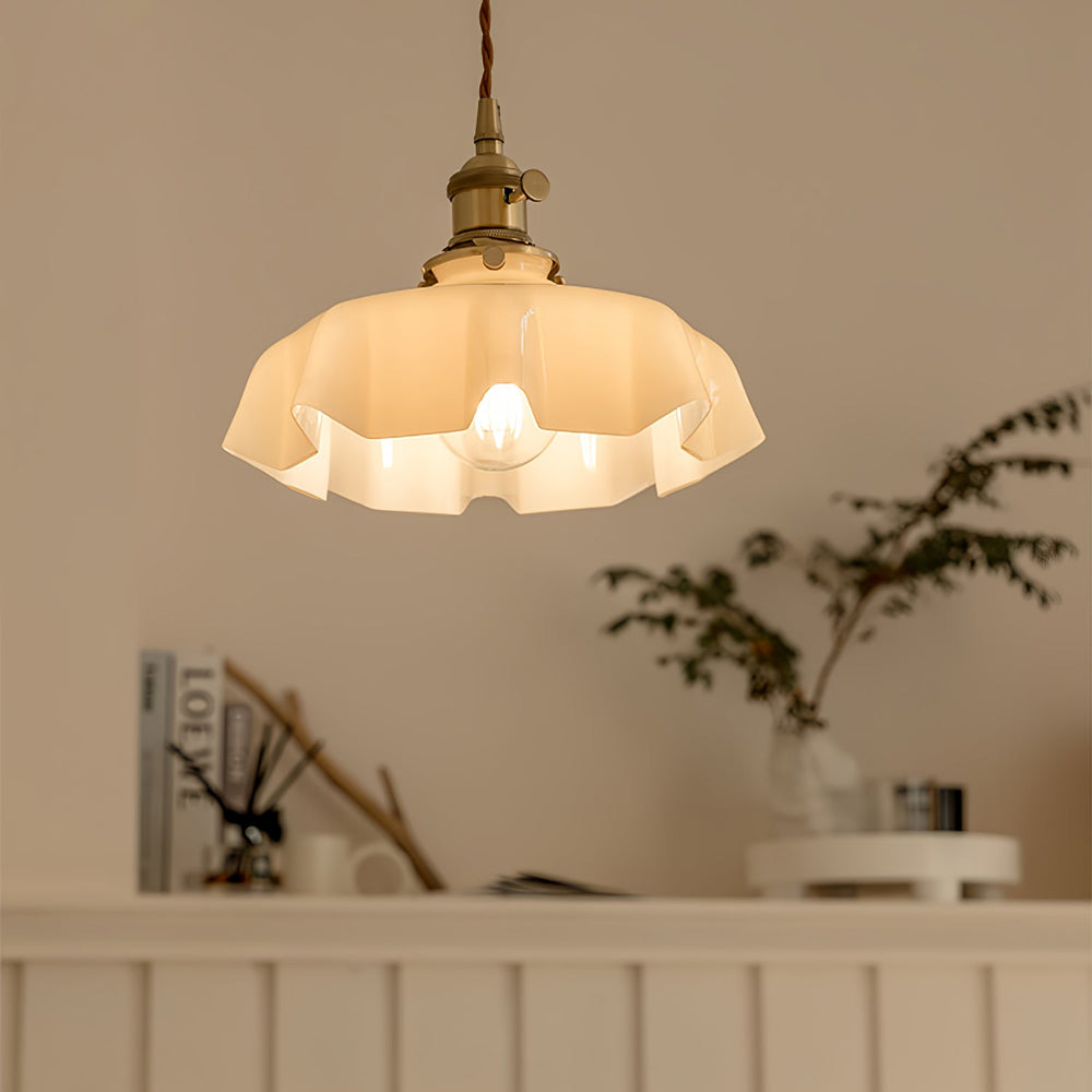 French Fleur Swag Pendant Light – Pleated Glass, Plug-In Antique Brass