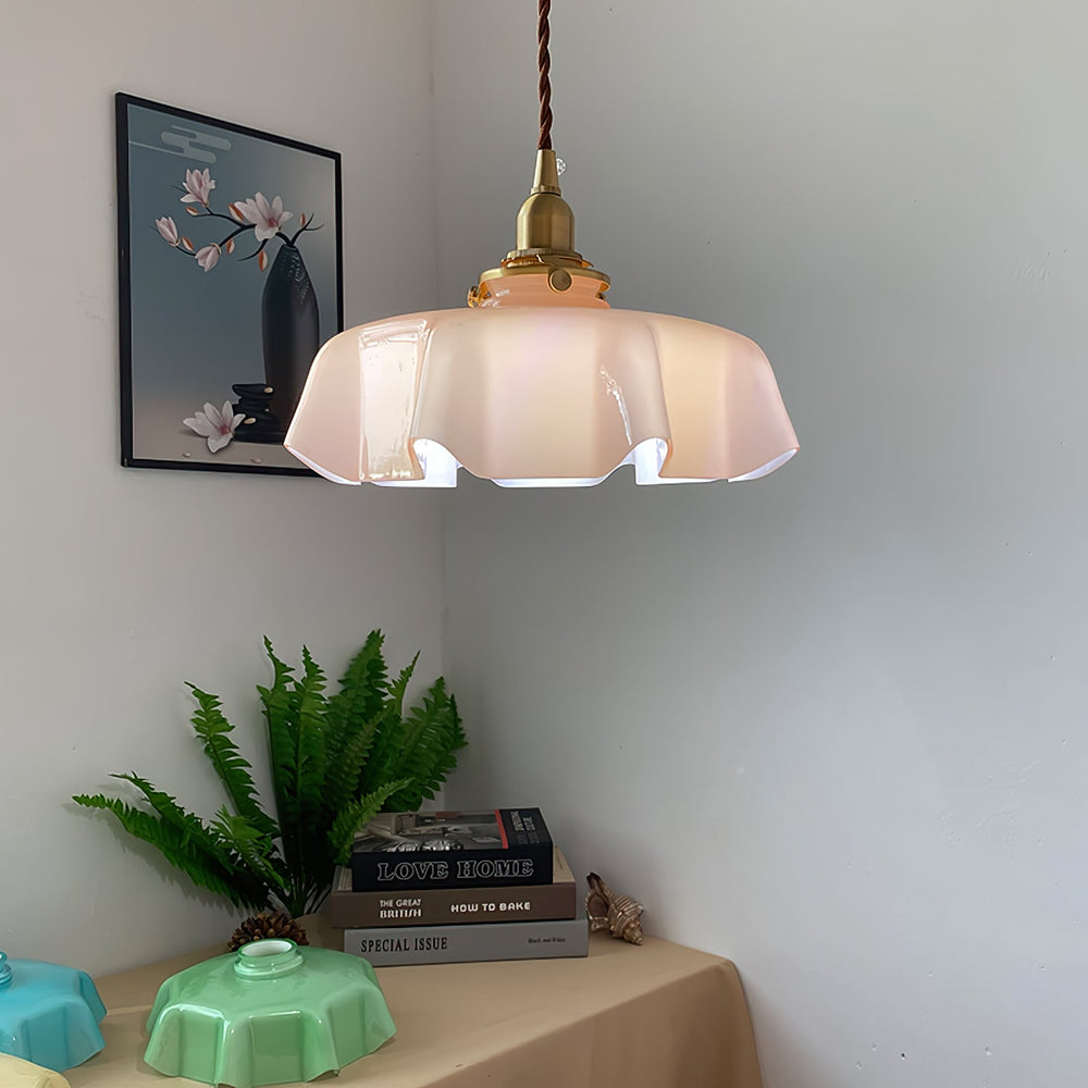 French Fleur Swag Pendant Light – Pleated Glass, Plug-In Antique Brass