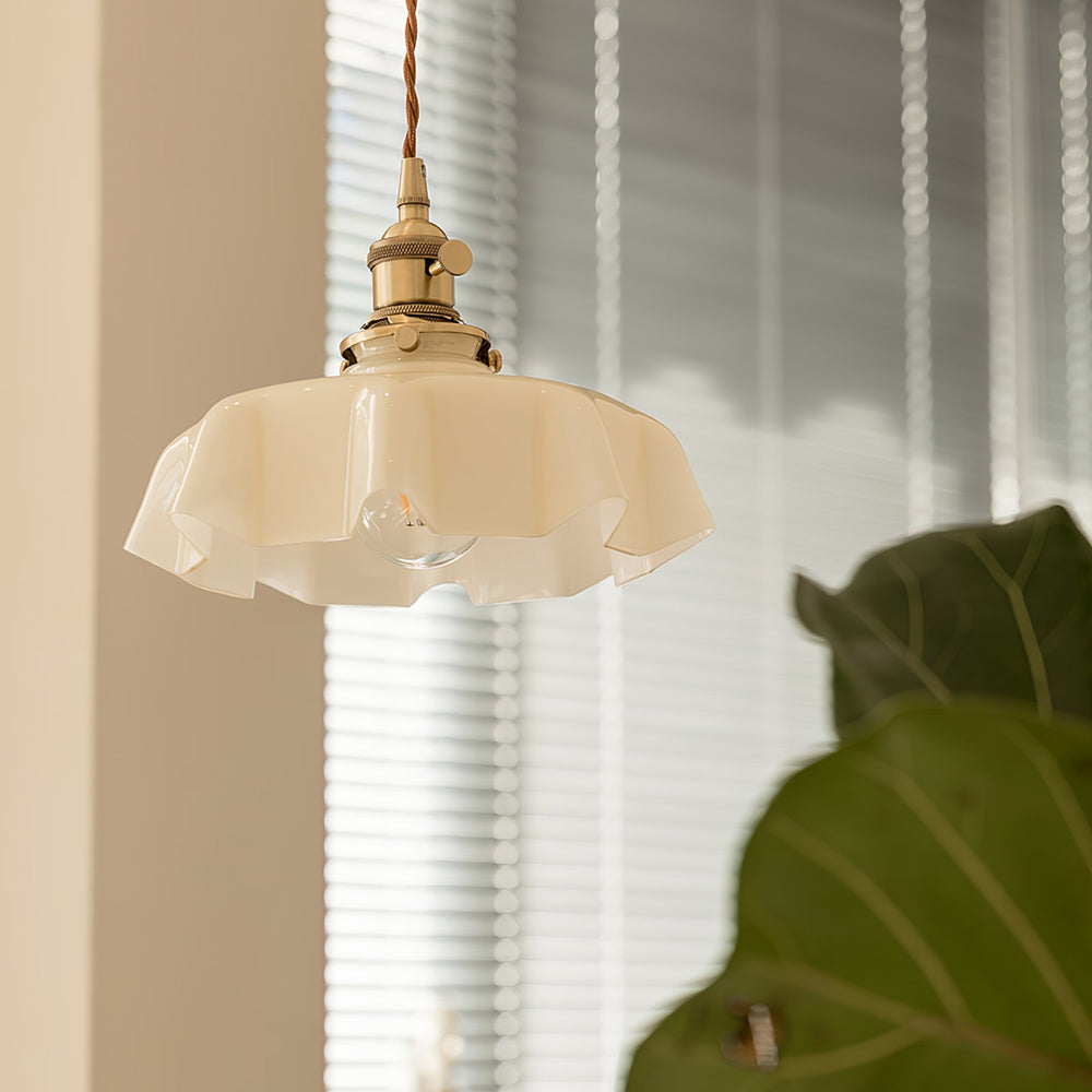 French Fleur Swag Pendant Light – Pleated Glass, Plug-In Antique Brass